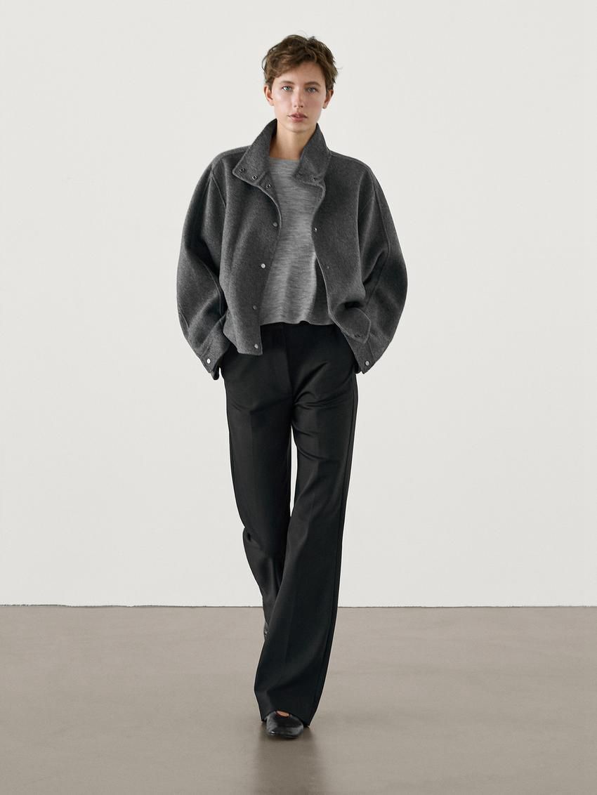 Massimo Dutti Flare Fit Full Length Technical Women Trousers Black | US-VT6780251