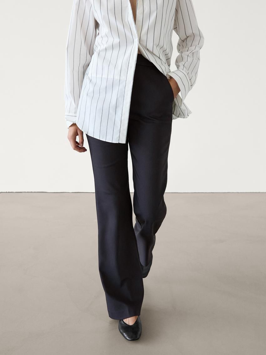 Massimo Dutti Flare Fit Full Length Technical Women Trousers Navy | US-UI5342016