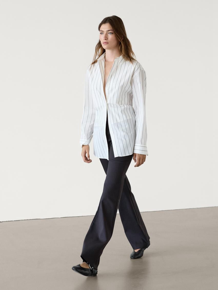 Massimo Dutti Flare Fit Full Length Technical Women Trousers Navy | US-UI5342016