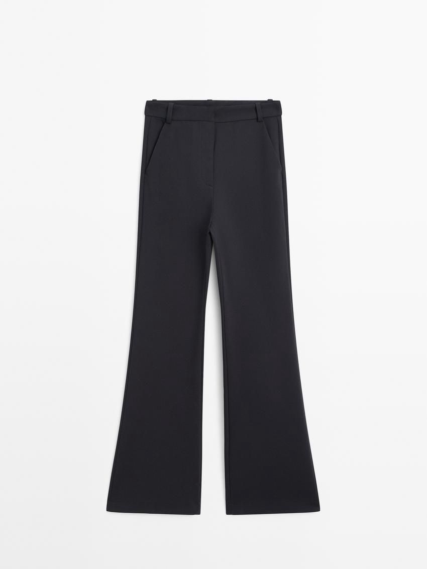 Massimo Dutti Flare Fit Full Length Technical Women Trousers Navy | US-UI5342016