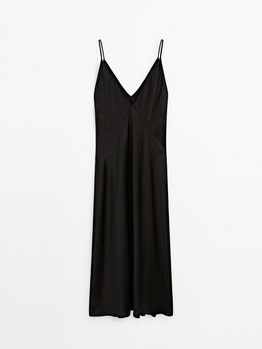 Massimo Dutti Flared Midi Slip Women Dress Black | US-QT7648521