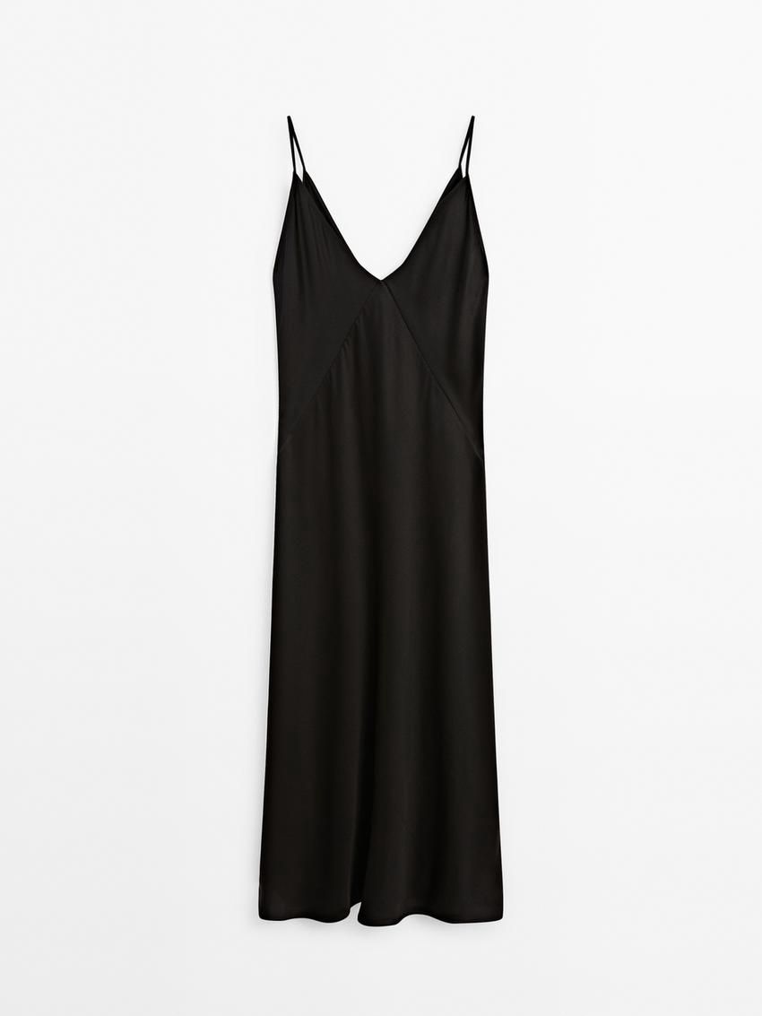 Massimo Dutti Flared Midi Slip Women Dress Black | US-QT7648521