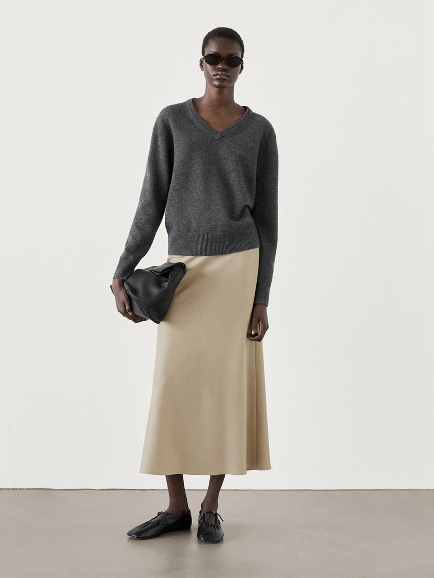 Massimo Dutti Flared Midi With Seam Details Women Skirts Cream | US-VK5637182