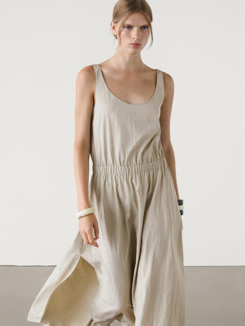 Massimo Dutti Flared Poplin With Elasticated Waist Women Dress Light Khaki | US-RI1748062