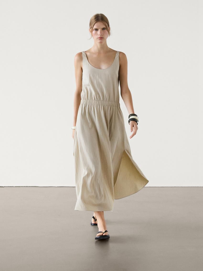 Massimo Dutti Flared Poplin With Elasticated Waist Women Dress Light Khaki | US-RI1748062