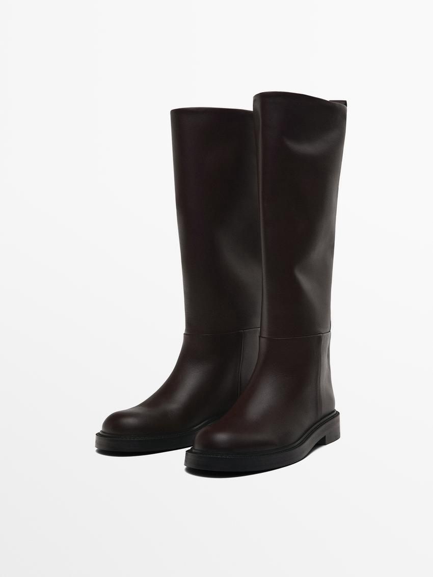 Massimo Dutti Flat Leather Women Knee-high Boots Dark Brown | US-UI2076931