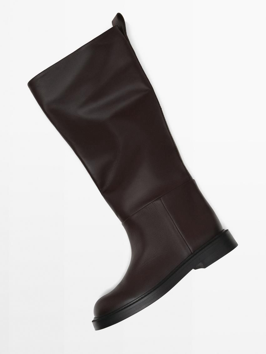 Massimo Dutti Flat Leather Women Knee-high Boots Dark Brown | US-UI2076931