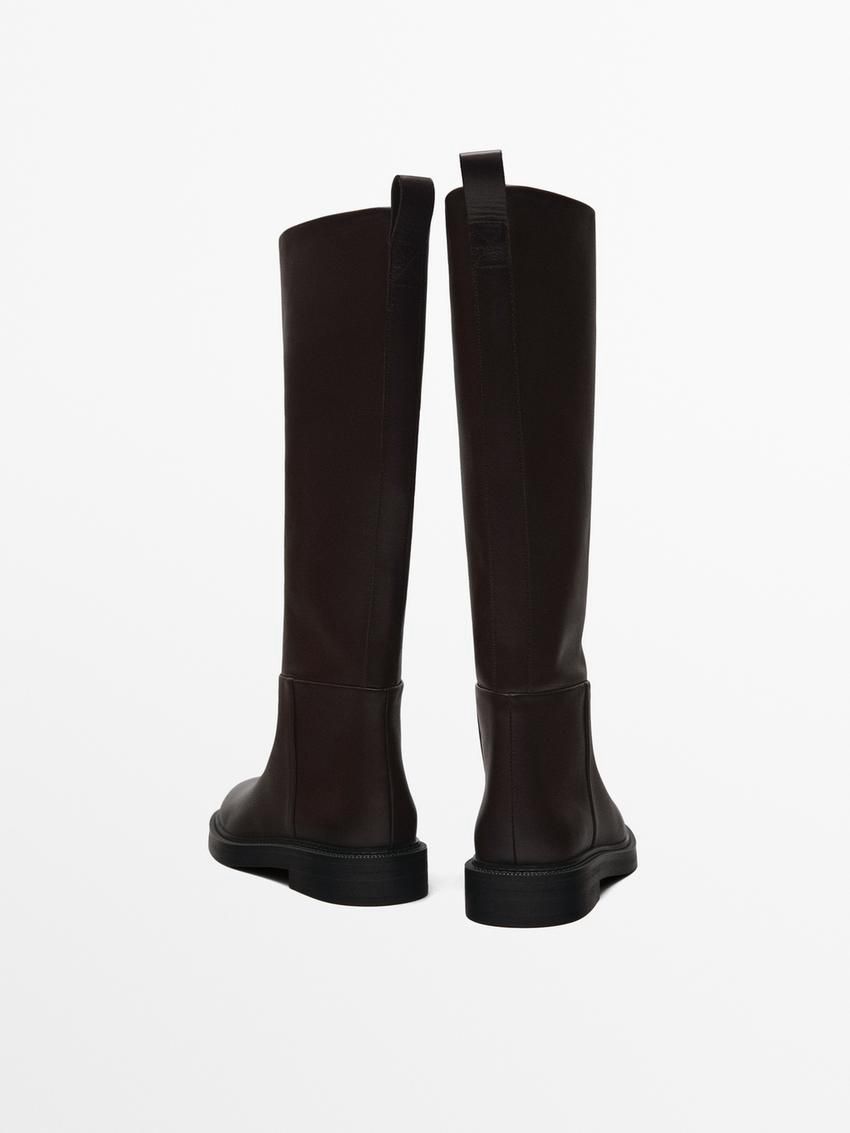 Massimo Dutti Flat Leather Women Knee-high Boots Dark Brown | US-UI2076931