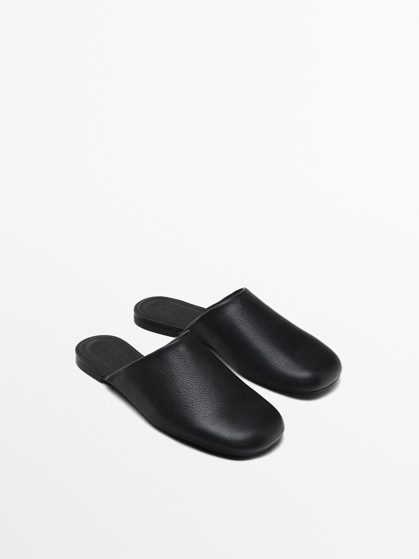 Massimo Dutti Flat Leather Women Mules Black | US-FC5130946