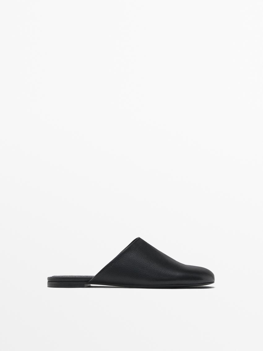 Massimo Dutti Flat Leather Women Mules Black | US-FC5130946