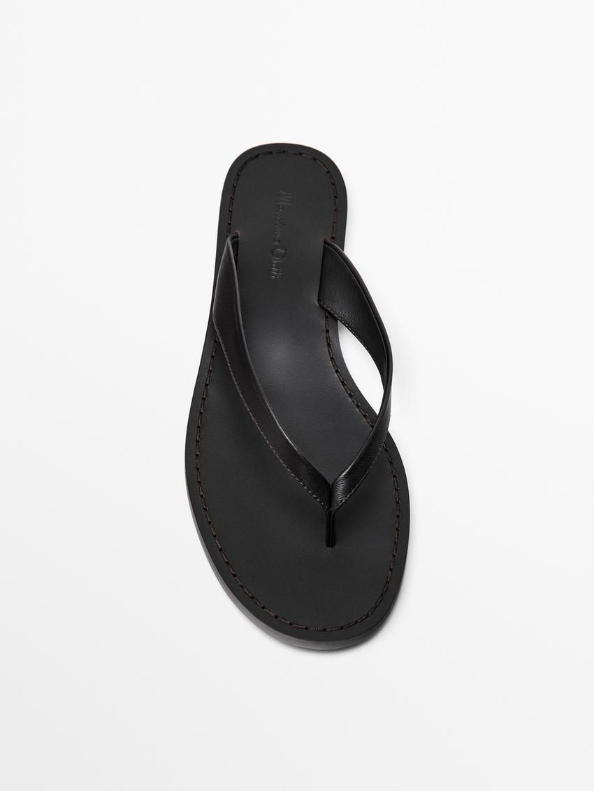 Massimo Dutti Flat Leather Women Sandals Black | US-TK3984071