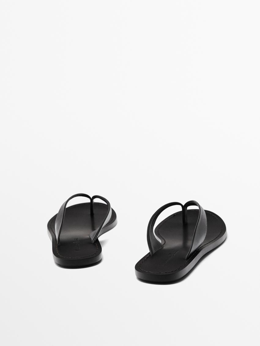 Massimo Dutti Flat Leather Women Sandals Black | US-TK3984071