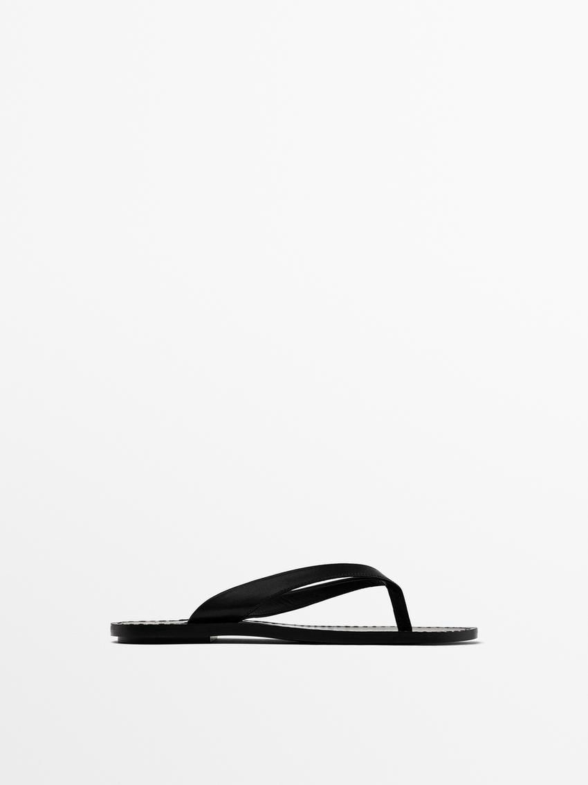 Massimo Dutti Flat Leather Women Sandals Black | US-TK3984071
