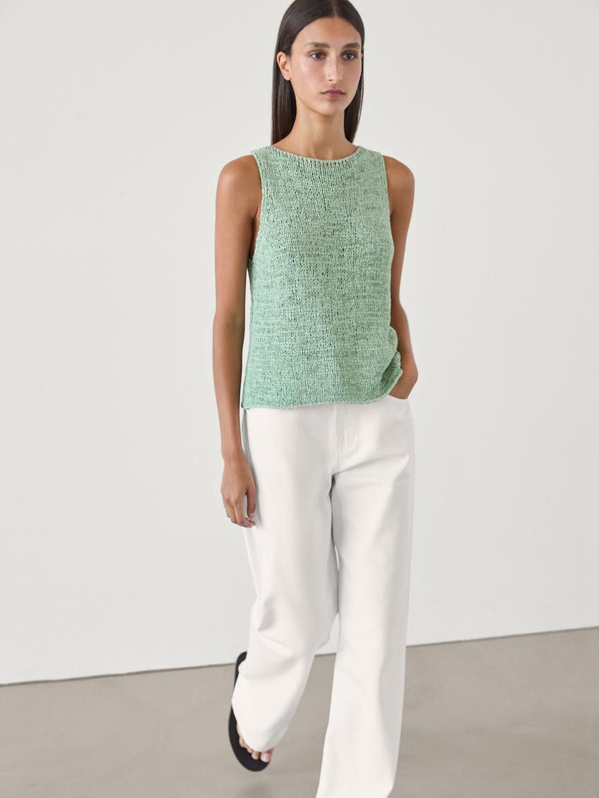 Massimo Dutti Flecked Cotton Blend Knit Women Top Green | US-VW5803612