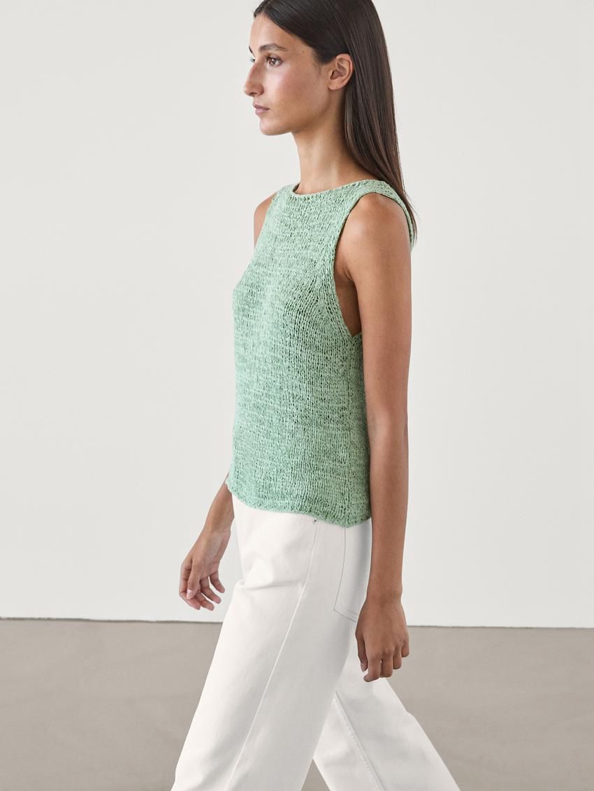 Massimo Dutti Flecked Cotton Blend Knit Women Top Green | US-VW5803612