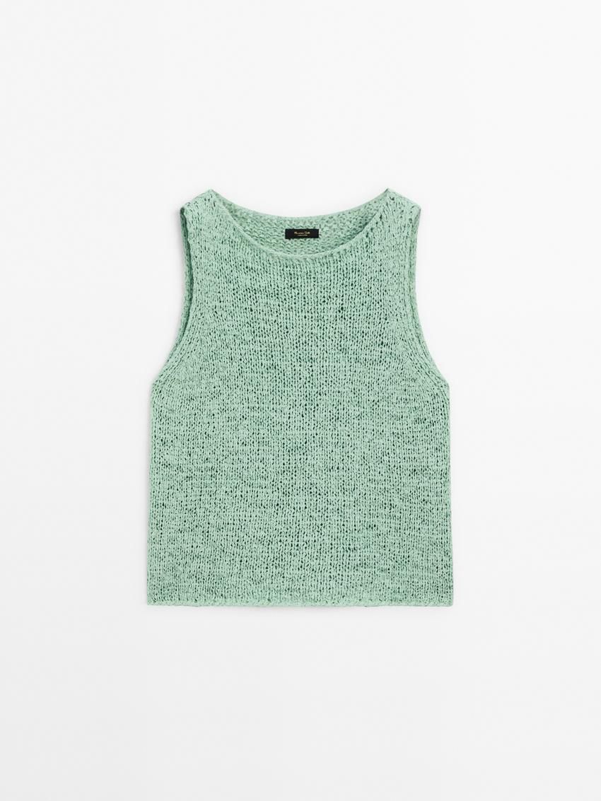 Massimo Dutti Flecked Cotton Blend Knit Women Top Green | US-VW5803612