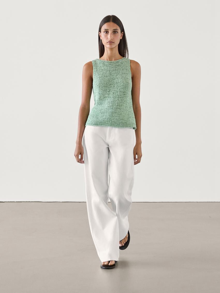 Massimo Dutti Flecked Cotton Blend Knit Women Top Green | US-VW5803612