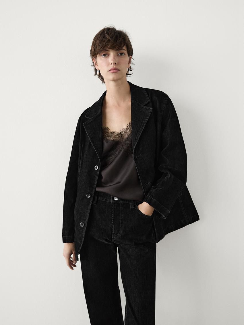 Massimo Dutti Flocked Denim Women Blazer Black | US-VT2341950