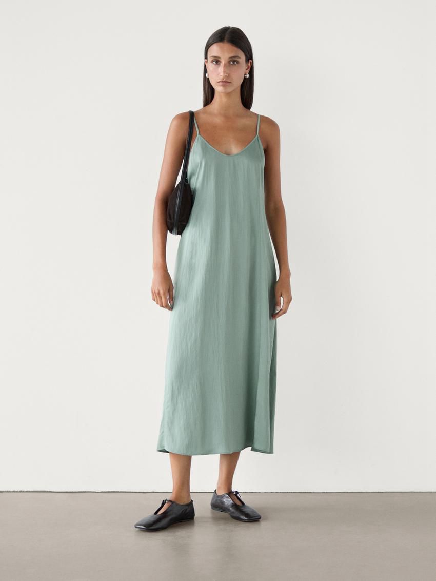 Massimo Dutti Flowing Camisole Midi With Straps Women Dress Green | US-TU2610574