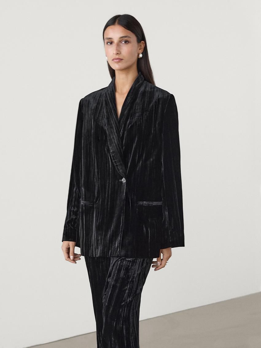 Massimo Dutti Flowing Crushed Velvet Women Trousers Black | US-YT5672031
