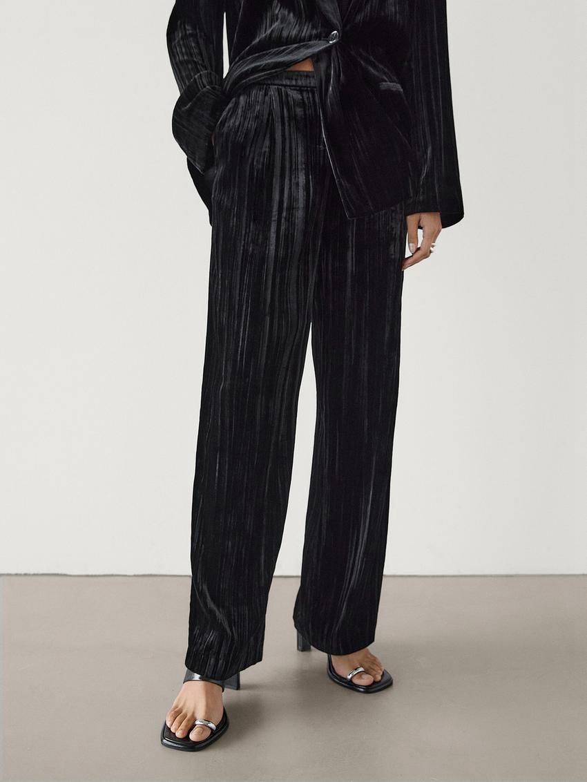 Massimo Dutti Flowing Crushed Velvet Women Trousers Black | US-YT5672031