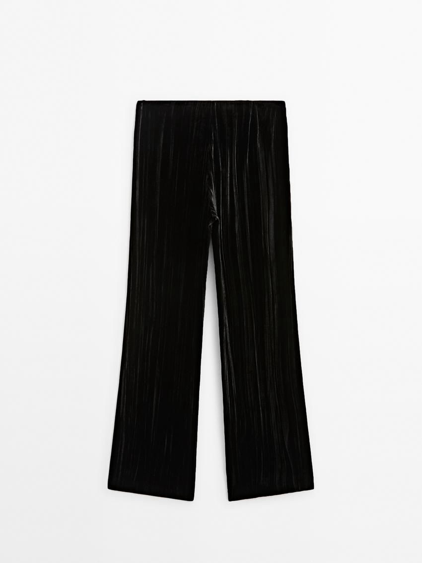 Massimo Dutti Flowing Crushed Velvet Women Trousers Black | US-YT5672031