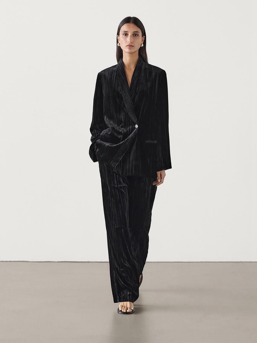 Massimo Dutti Flowing Crushed Velvet Women Trousers Black | US-YT5672031