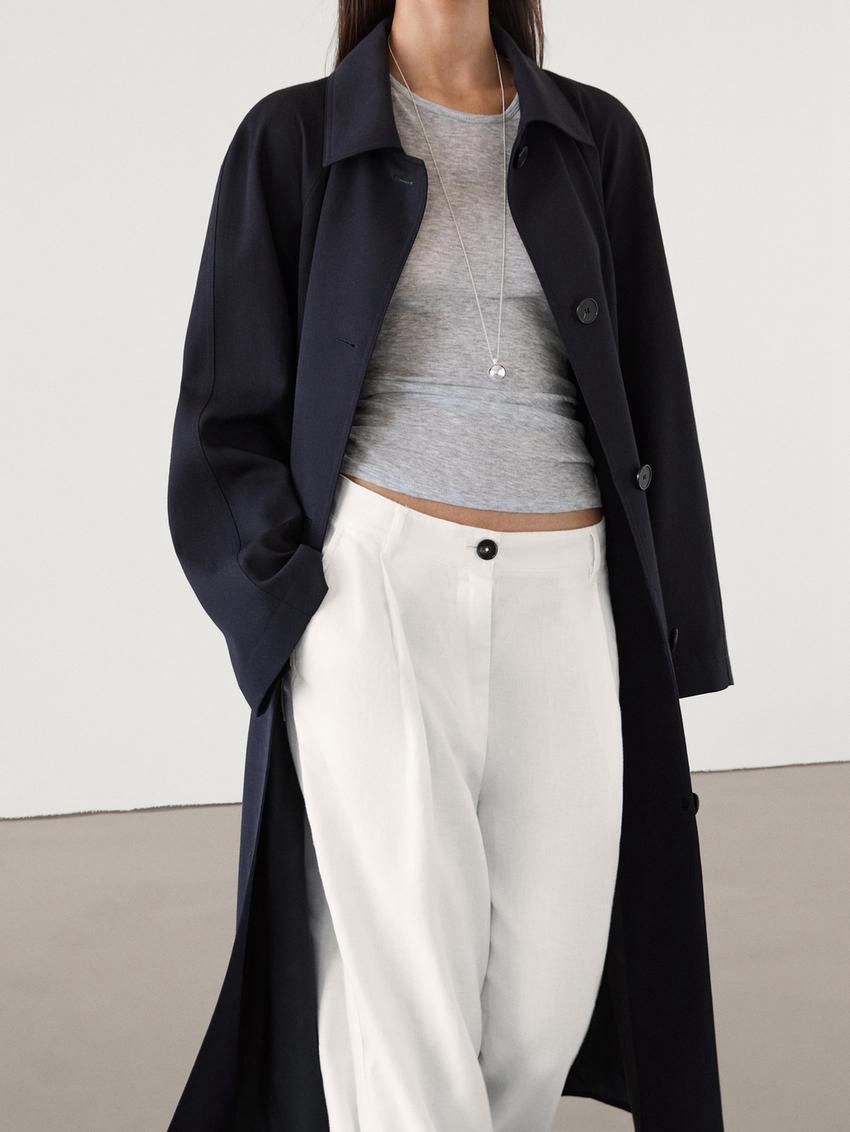 Massimo Dutti Flowing Navy Blue With Belt Women Trench Coat Navy | US-UB0619574