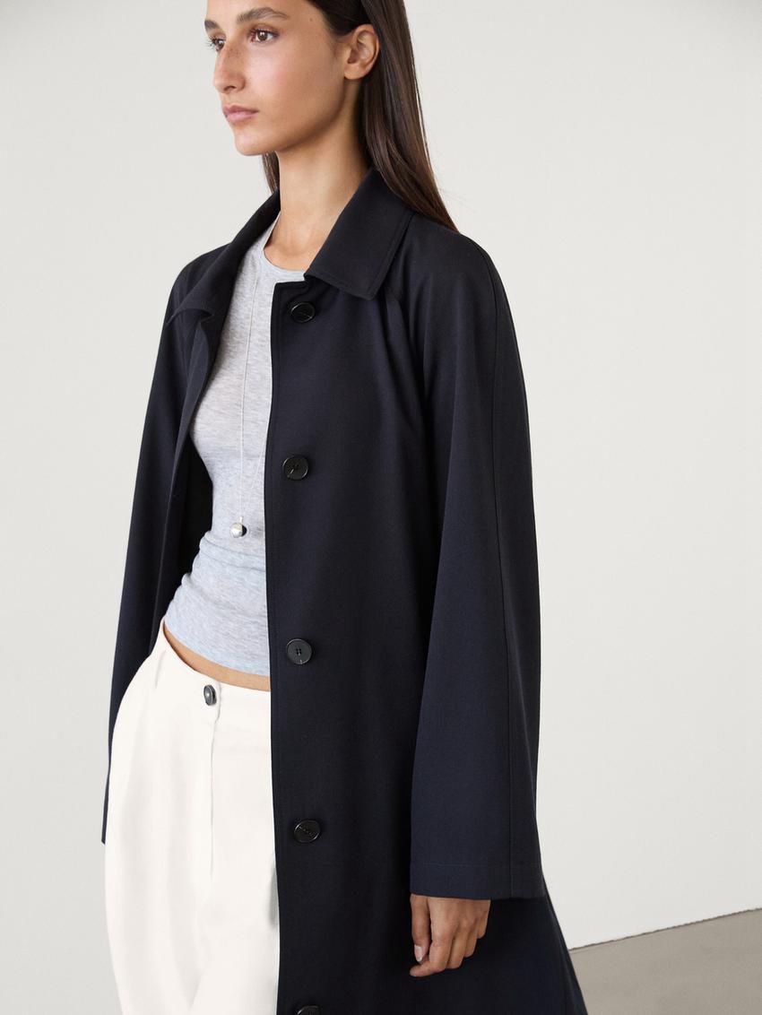 Massimo Dutti Flowing Navy Blue With Belt Women Trench Coat Navy | US-UB0619574