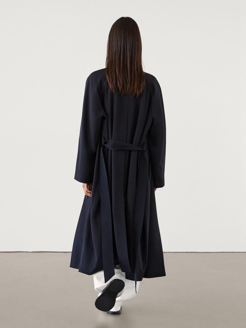Massimo Dutti Flowing Navy Blue With Belt Women Trench Coat Navy | US-UB0619574