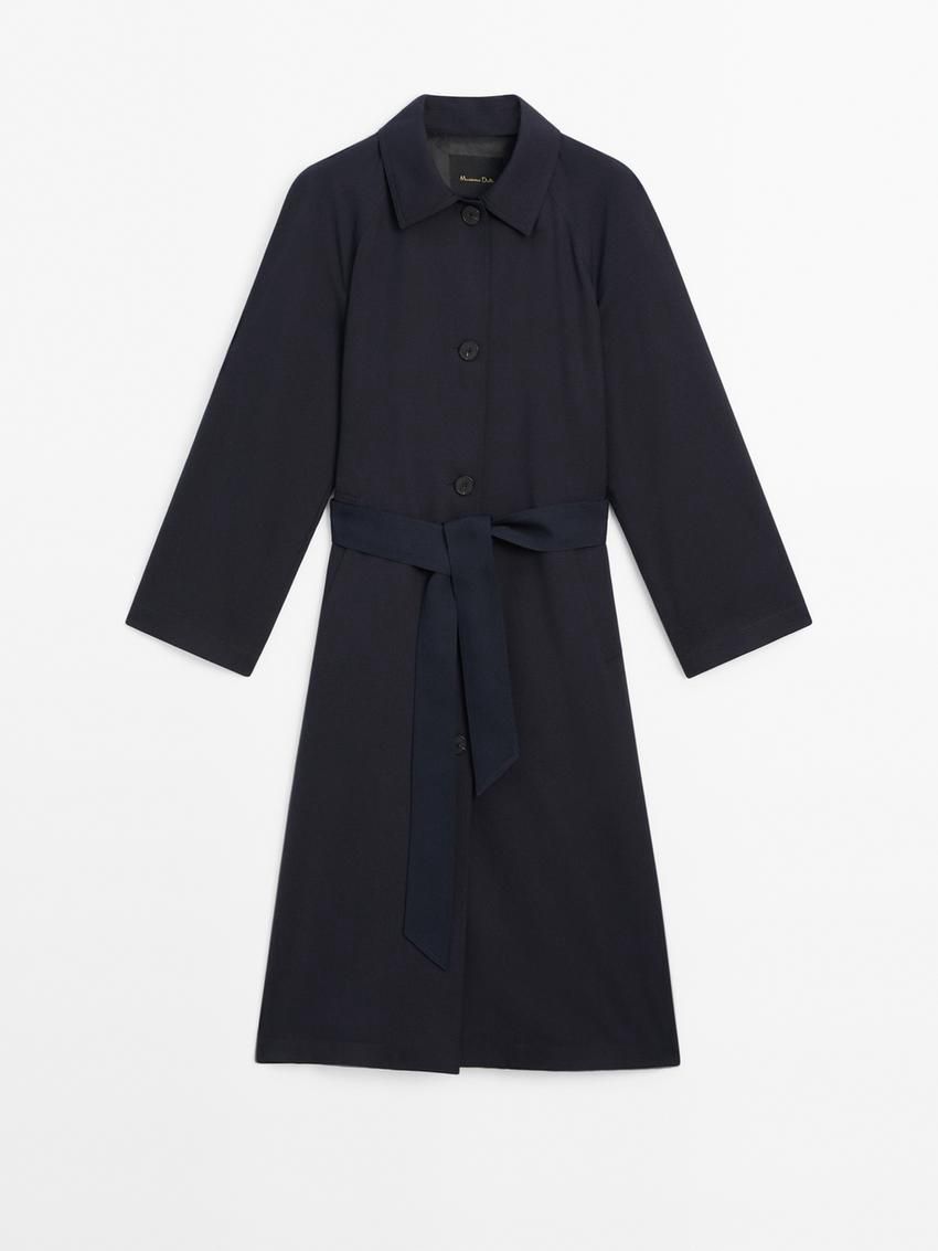 Massimo Dutti Flowing Navy Blue With Belt Women Trench Coat Navy | US-UB0619574