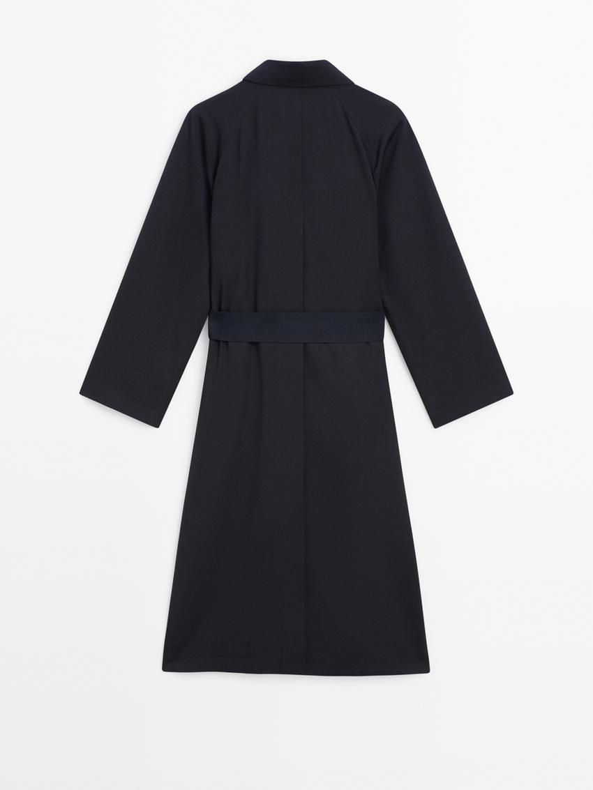 Massimo Dutti Flowing Navy Blue With Belt Women Trench Coat Navy | US-UB0619574