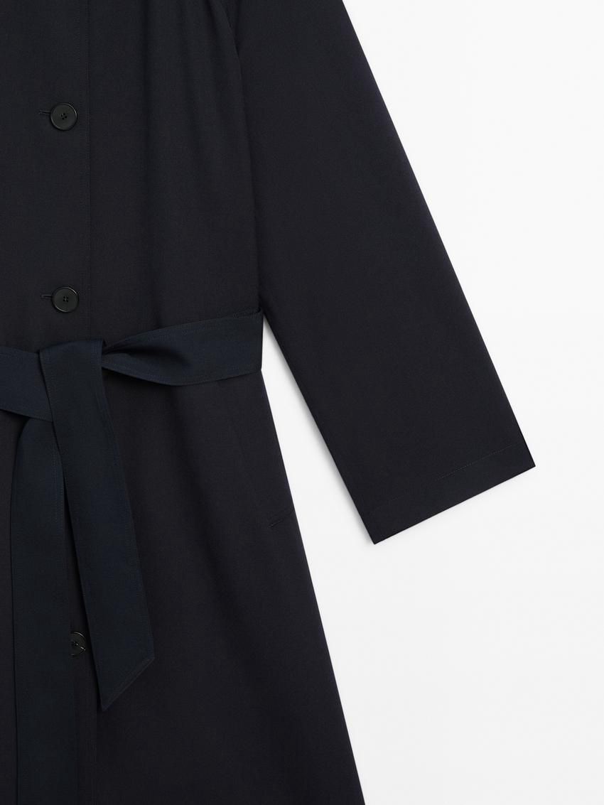 Massimo Dutti Flowing Navy Blue With Belt Women Trench Coat Navy | US-UB0619574
