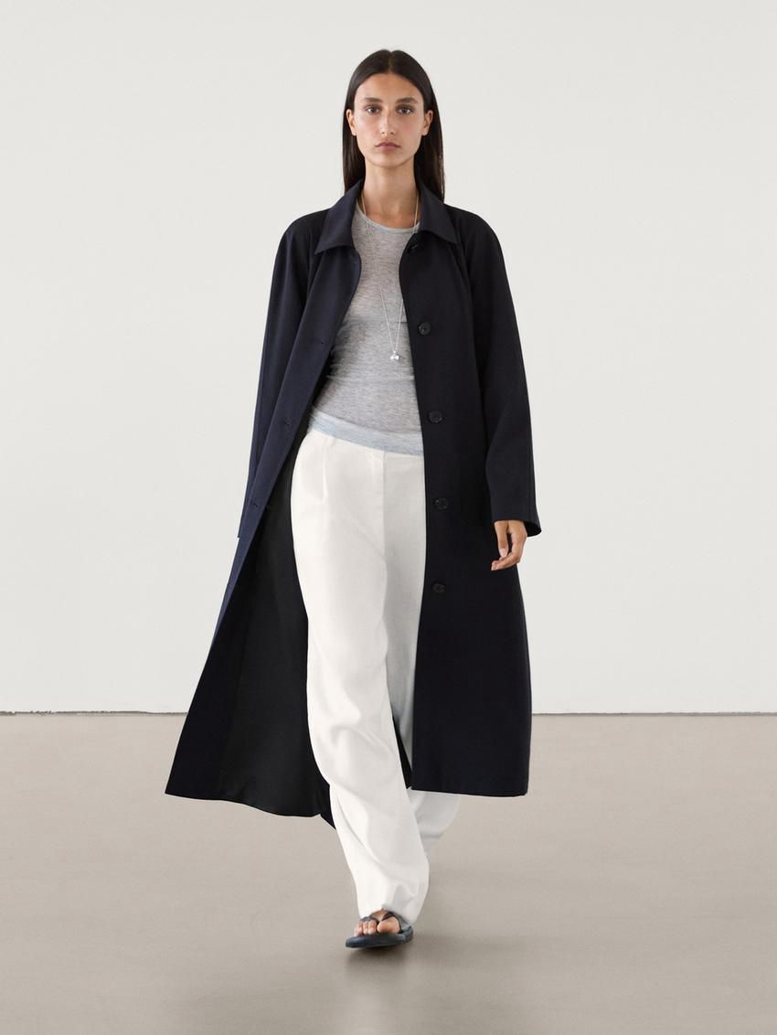 Massimo Dutti Flowing Navy Blue With Belt Women Trench Coat Navy | US-UB0619574