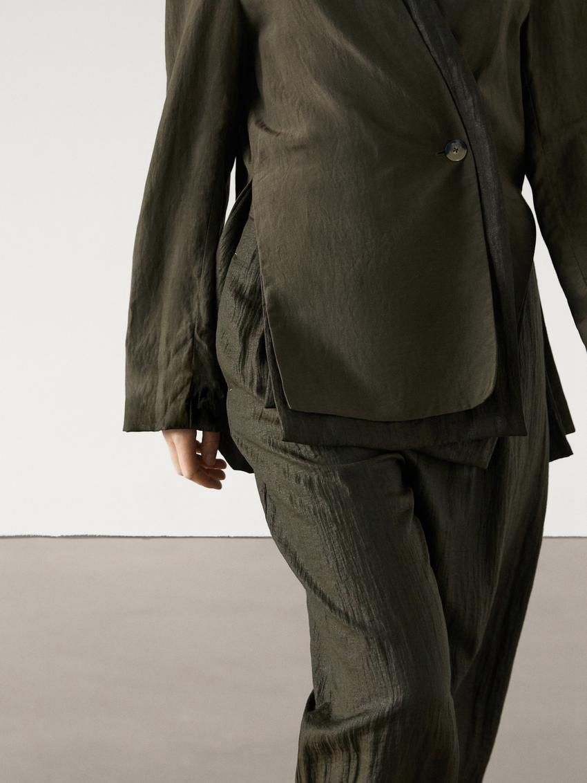 Massimo Dutti Flowing Pleated Co-ord Women Trousers Dark Olive | US-KY6719543
