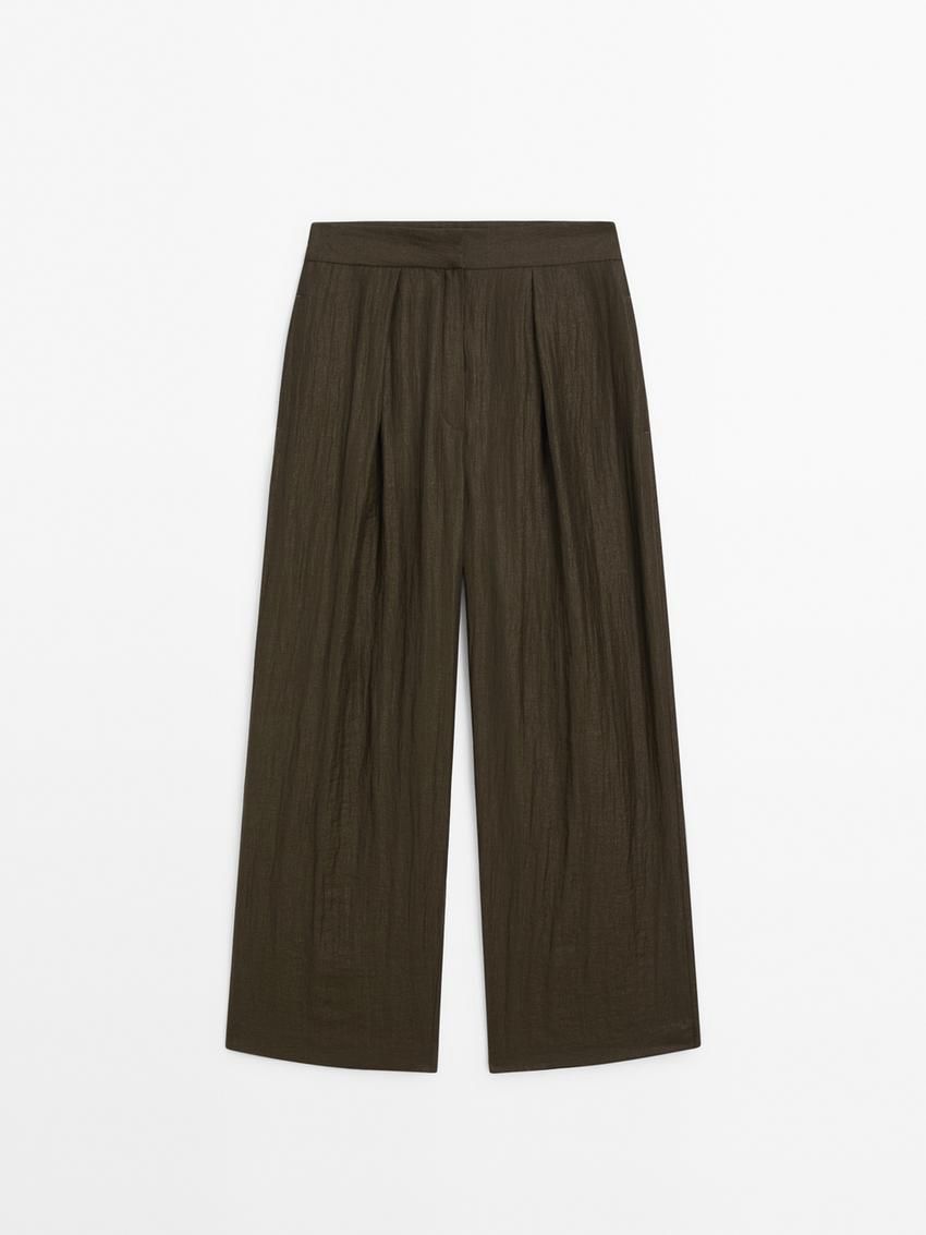 Massimo Dutti Flowing Pleated Co-ord Women Trousers Dark Olive | US-KY6719543