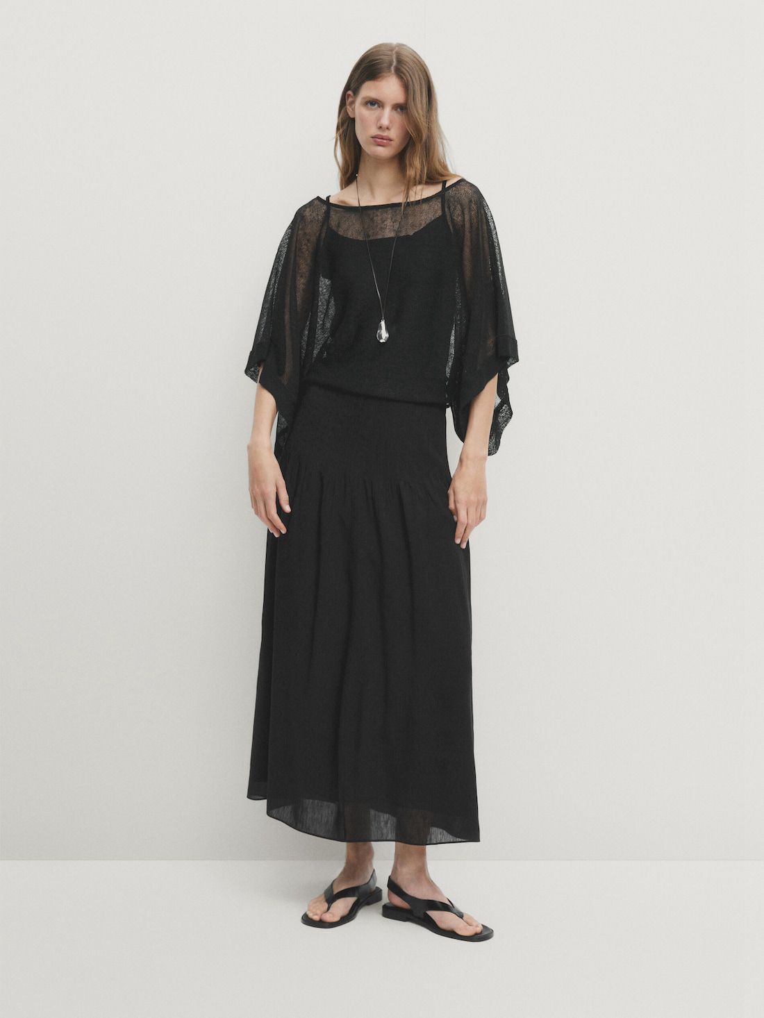 Massimo Dutti Flowing Pleated Linen Blend Women Skirts Black | US-SD2931745