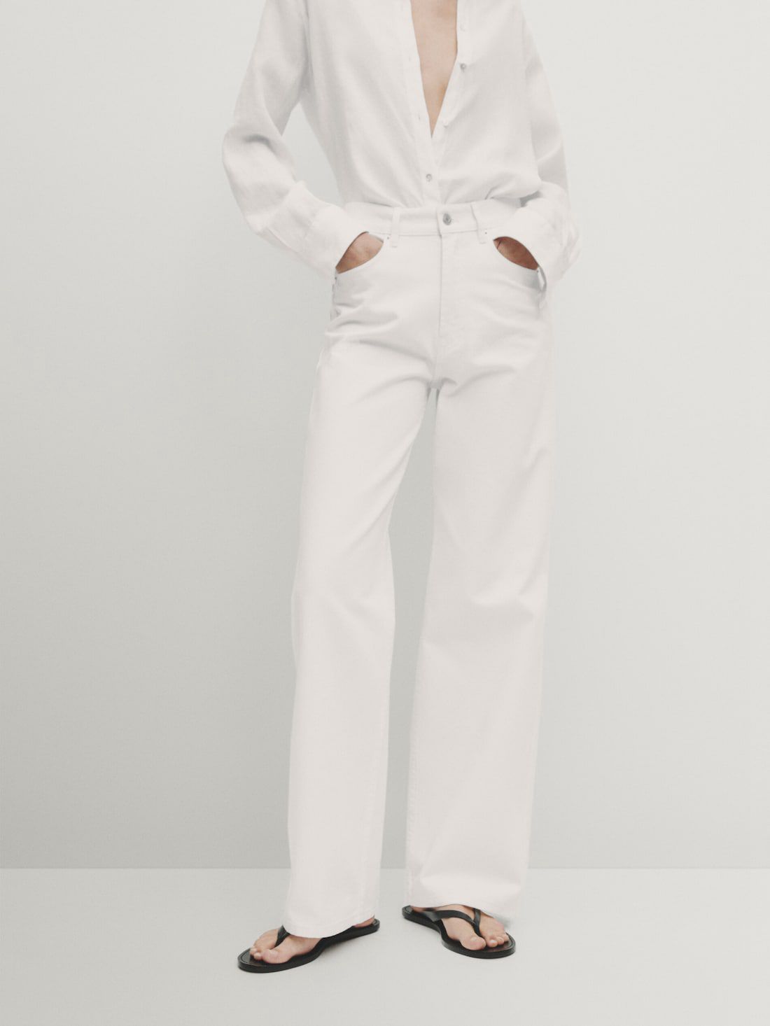 Massimo Dutti Full Length Wide-leg High-waist Women Jeans Cream | US-SK2956104