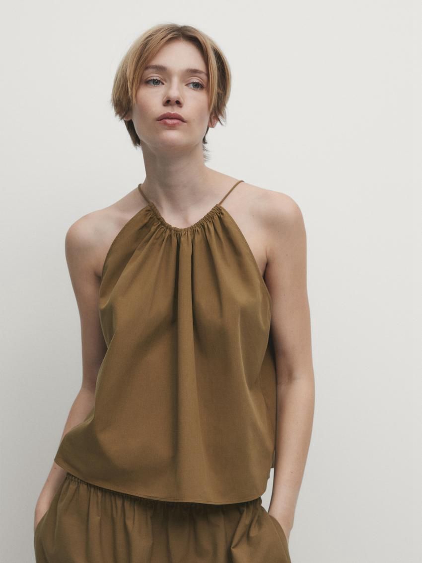Massimo Dutti Gathered Cotton Co-ord Women Top Brown | US-BK1582379
