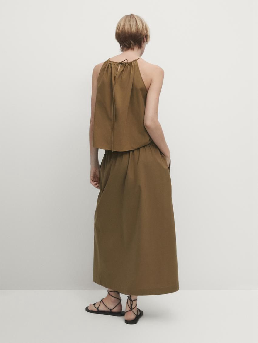 Massimo Dutti Gathered Cotton Co-ord Women Top Brown | US-BK1582379