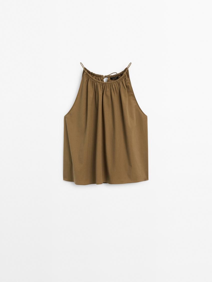 Massimo Dutti Gathered Cotton Co-ord Women Top Brown | US-BK1582379