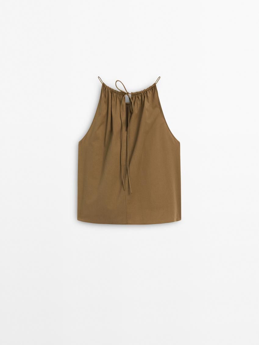 Massimo Dutti Gathered Cotton Co-ord Women Top Brown | US-BK1582379