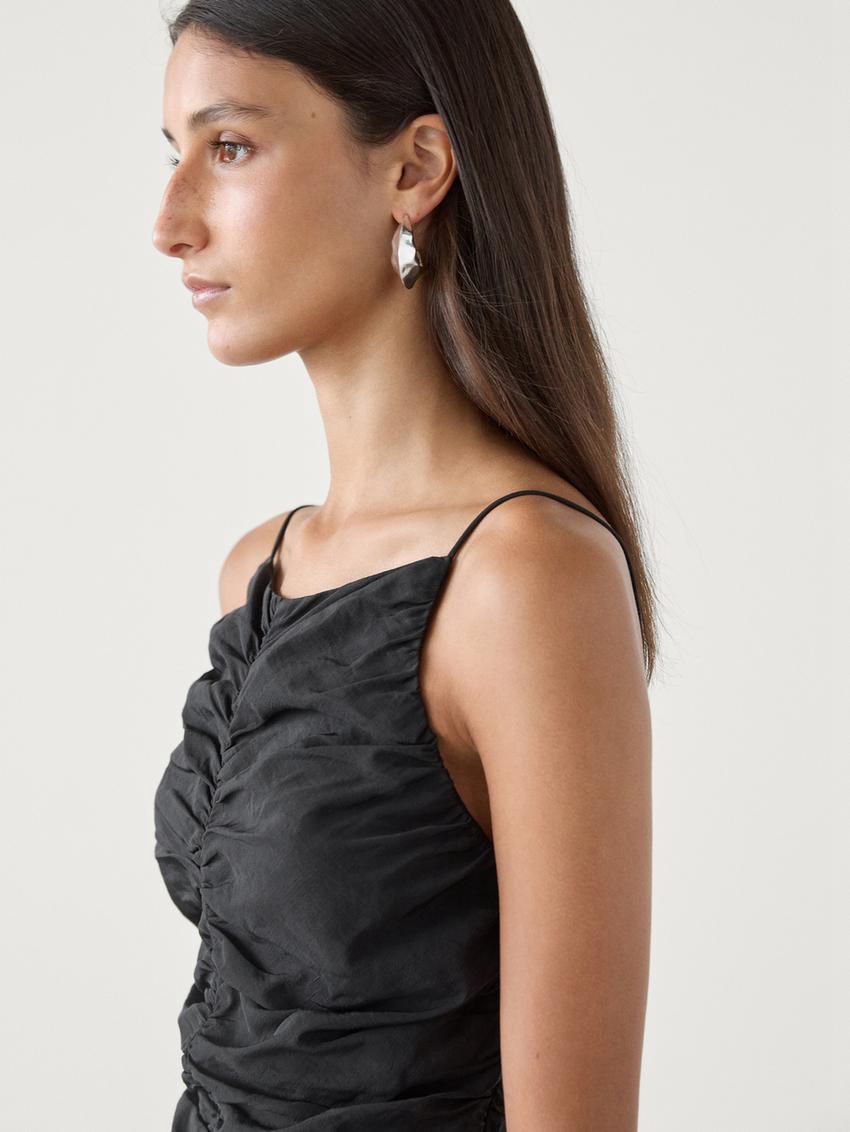 Massimo Dutti Gathered Linen Blend Women Top Black | US-LA0587241