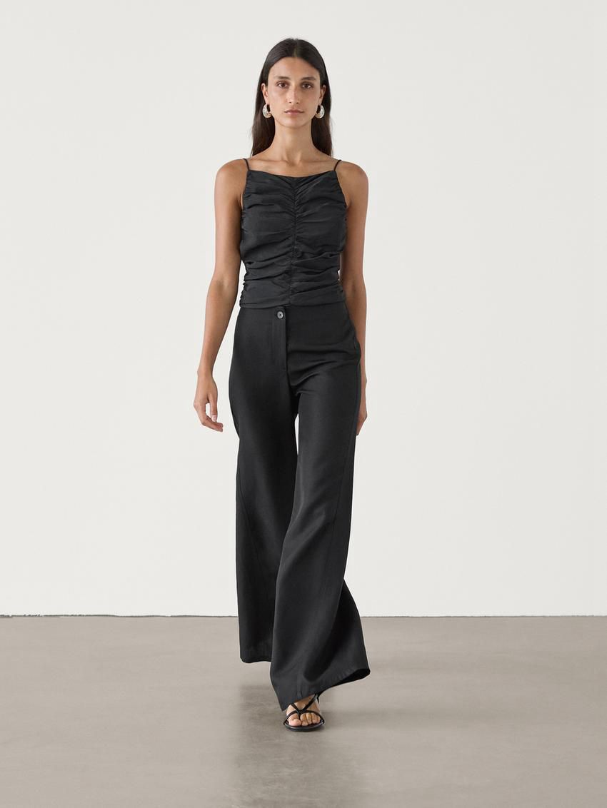 Massimo Dutti Gathered Linen Blend Women Top Black | US-LA0587241