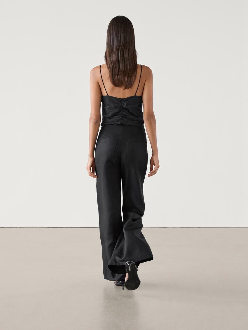 Massimo Dutti Gathered Linen Blend Women Top Black | US-LA0587241