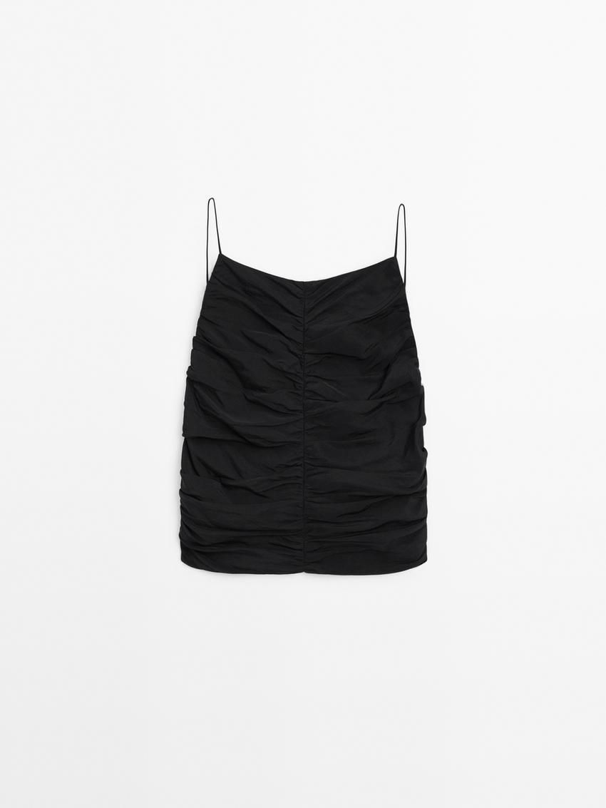 Massimo Dutti Gathered Linen Blend Women Top Black | US-LA0587241