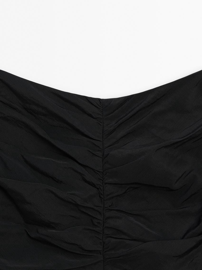 Massimo Dutti Gathered Linen Blend Women Top Black | US-LA0587241