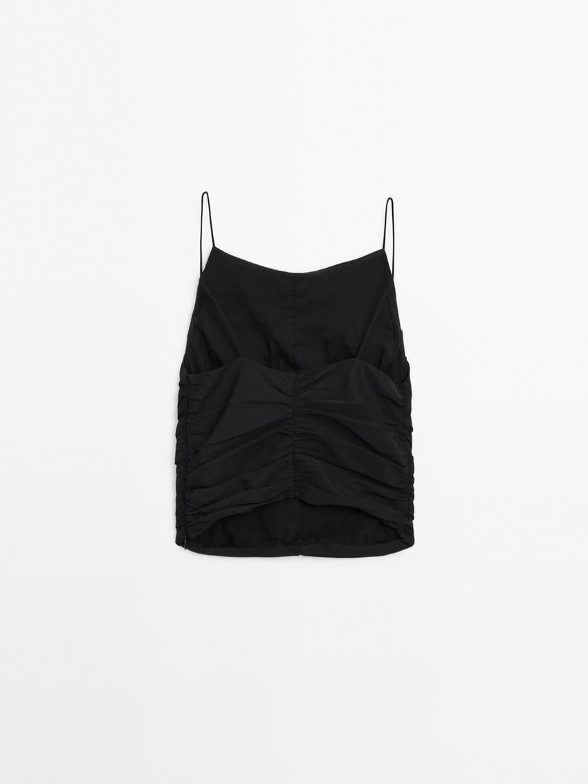 Massimo Dutti Gathered Linen Blend Women Top Black | US-LA0587241