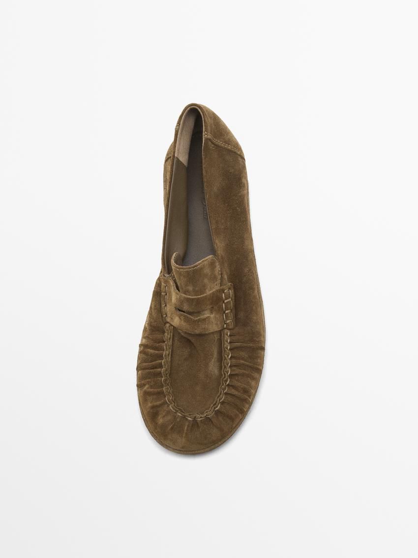 Massimo Dutti Gathered Split Leather Women Loafers Brown | US-OE9845127
