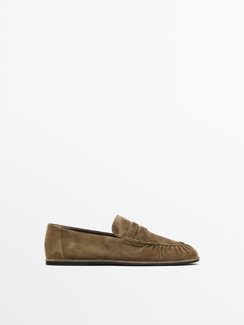 Massimo Dutti Gathered Split Leather Women Loafers Brown | US-OE9845127